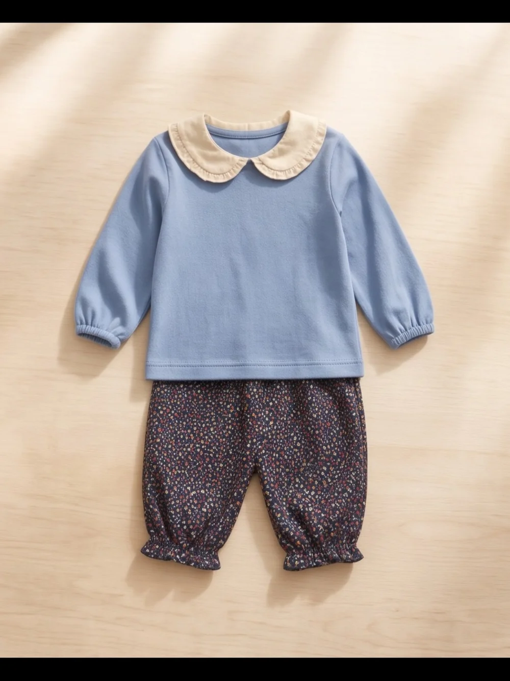 Edgehill Collection Blue Top with Cream Peter Pan Collar and Navy Floral Pants